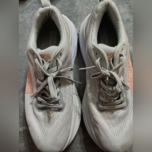 Hoka Women's Bondi 8 running shoes in the Harbor Mist/Lunar Rock colorway.